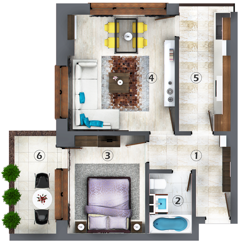 Apartamente cu 2 camere tip B - model 3d