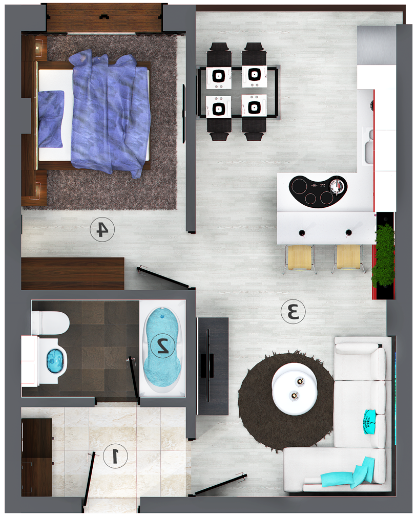 Apartamente cu 2 camere tip D - model 3d