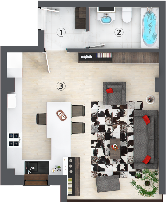 Apartamente cu o cameră tip E - model 3d